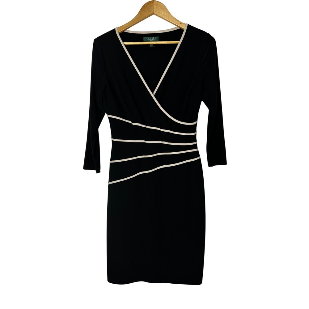 Lauren Ralph Women's 10 Dress Sheath Faux Wrap Black Knee Length 3/4 Sleeve Flaw